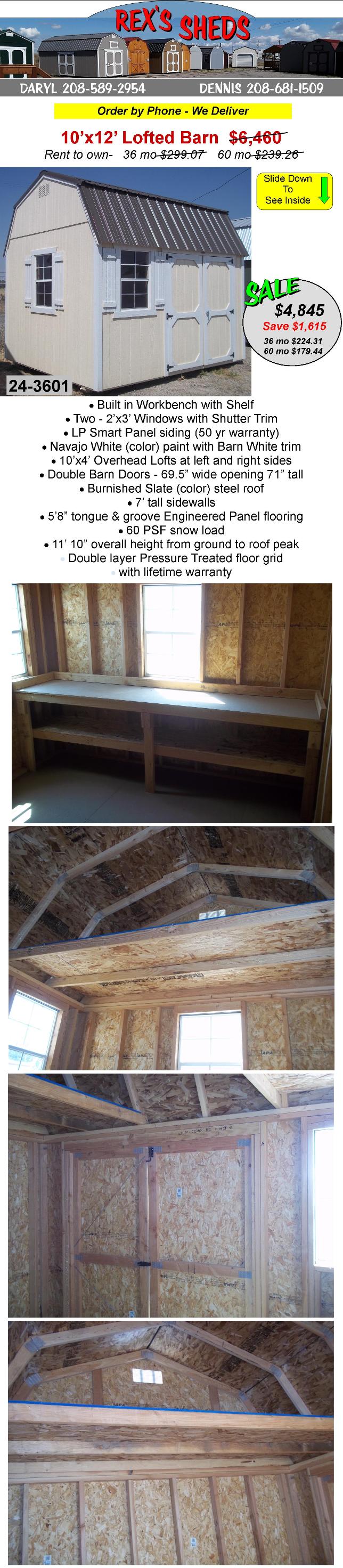 10x12_barn_shed_with_double_barn_doors_2_windows_workbench_2_overhead_lofts_navajo_white_color_paint_barn_white_trim_burnished_slate_color_steel_roof