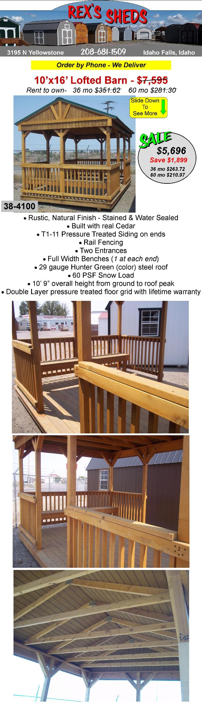 10x16_real_cedar_cabana_by_old_hickory_has_an_entrance_on_each_side_with_railing_all_around_built_in_benches_pressure_treated_siding_hunter_green_steel_roof