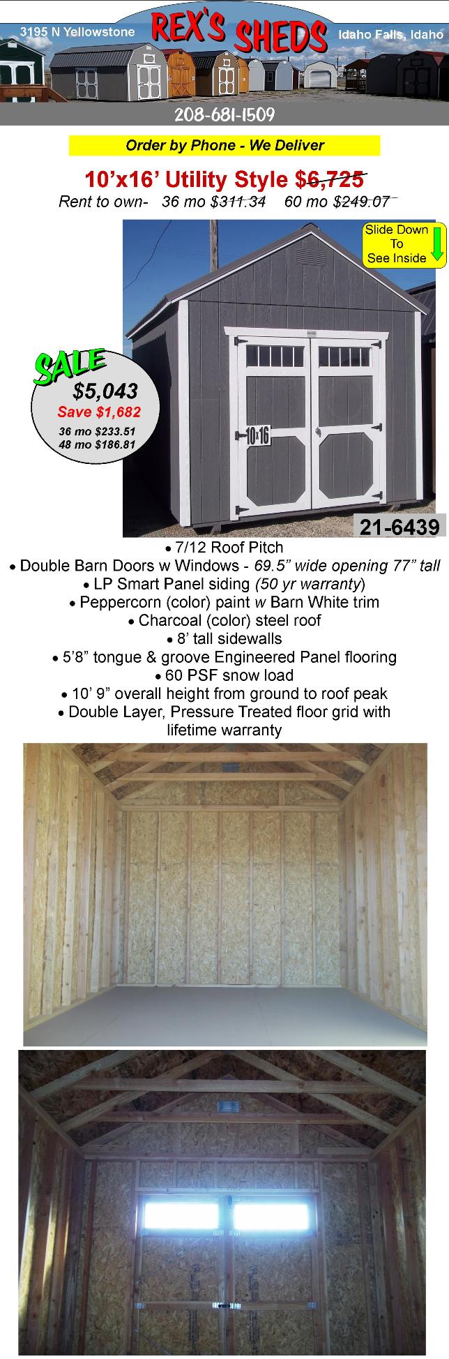 peppercorn_color_utility_shed_with_barn_white_trim_has_7-12_roof_pitch_double_barn_doors_with_windows_and_a_charcoal_color_steel_roof