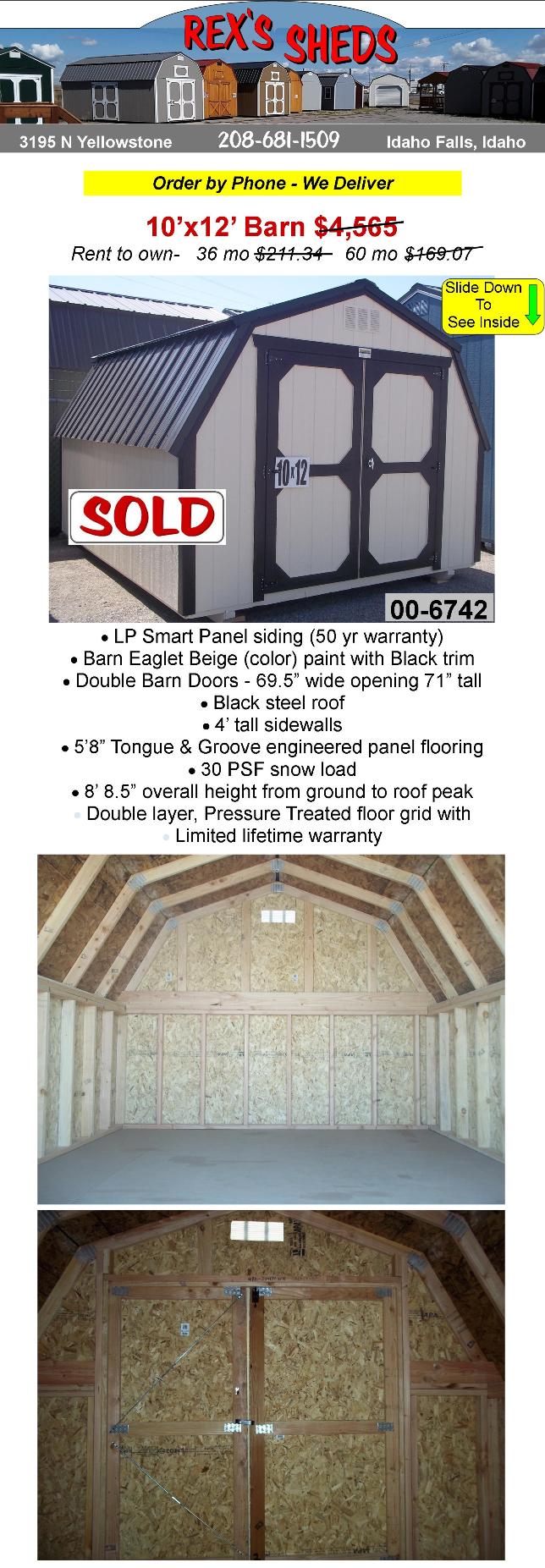 10x12_barn_shed_with_double_barn_doors_4_ft_tall_sidewalls_eaglet_beige_color_paint_black_trim_black_steel_roof