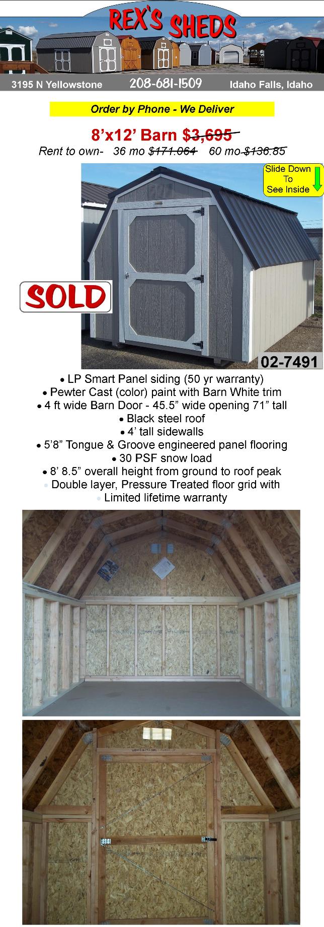 8x12_barn_shed_with_single_barn_door_4_ft_tall_sidewalls_pewter_cast_color_paint_barn_white_trim_black_steel_roof