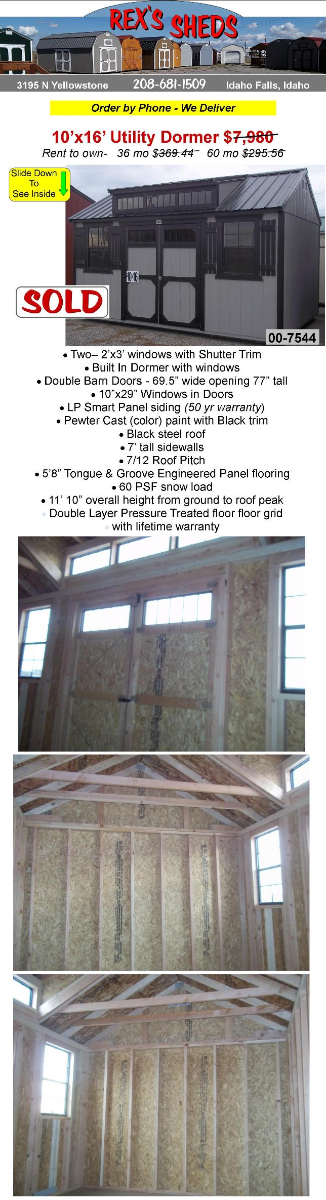 shed_with_dormer_on_sale_has_double_barn_doors_with_windows_a_window_on_each_side_of_barn_doors_pewter_cast_color_paint_and_black_trim_black_steel_roof