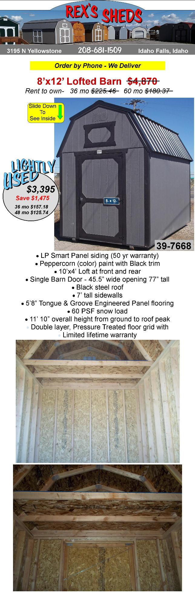 used_barn_style_garden_shed_with_peppercorn_color_paint_black_trim_an_overhead_loft_at_front_and_rear_single_barn_door_and_black_steel_roof