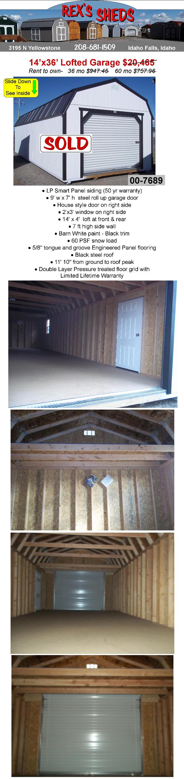 14x36_storage_shed_garage_with_rollup_door_man_door_2_overhead_lofts_a_window_barn_white_paint_black_trim_black_steel_roof