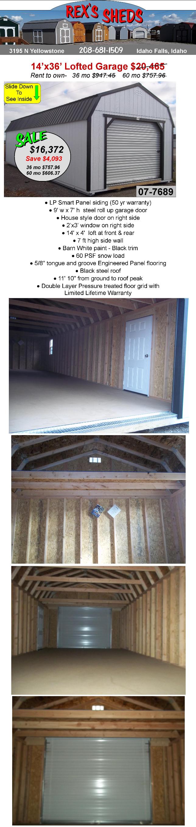 14x36_storage_shed_garage_with_rollup_door_man_door_2_overhead_lofts_a_window_barn_white_paint_black_trim_black_steel_roof