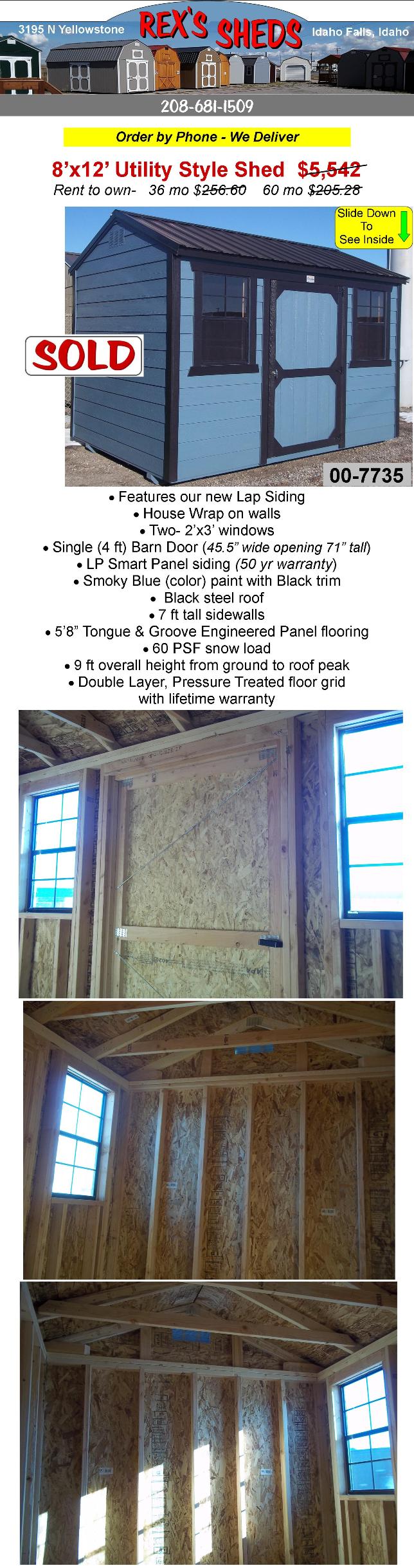 smoky_blue_color_utility_shed_with_lap_siding_has_a_window_on_each_side_of_double_barn_doors_house_wrap_on_walls_black_trim_paint_and_black_steel_roof