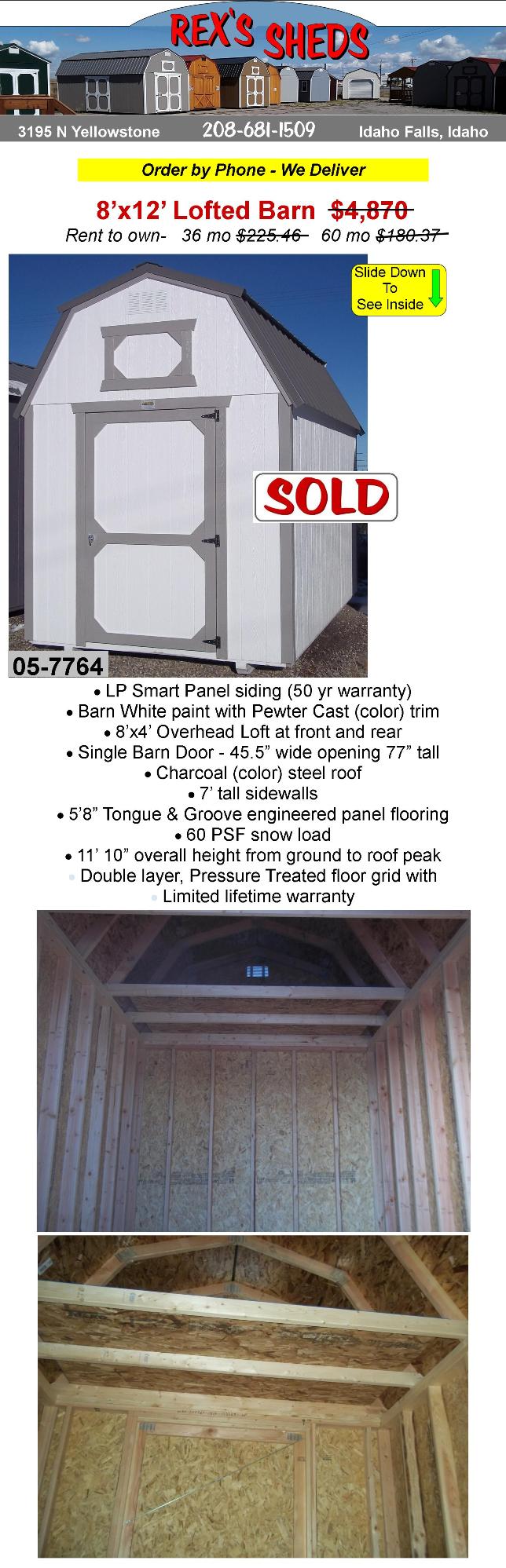 barn_style_garden_shed_with_barn_white_paint_pewter_cast_trim_2_overhead_lofts_single_barn_door_and_charcoal_color_steel_roof