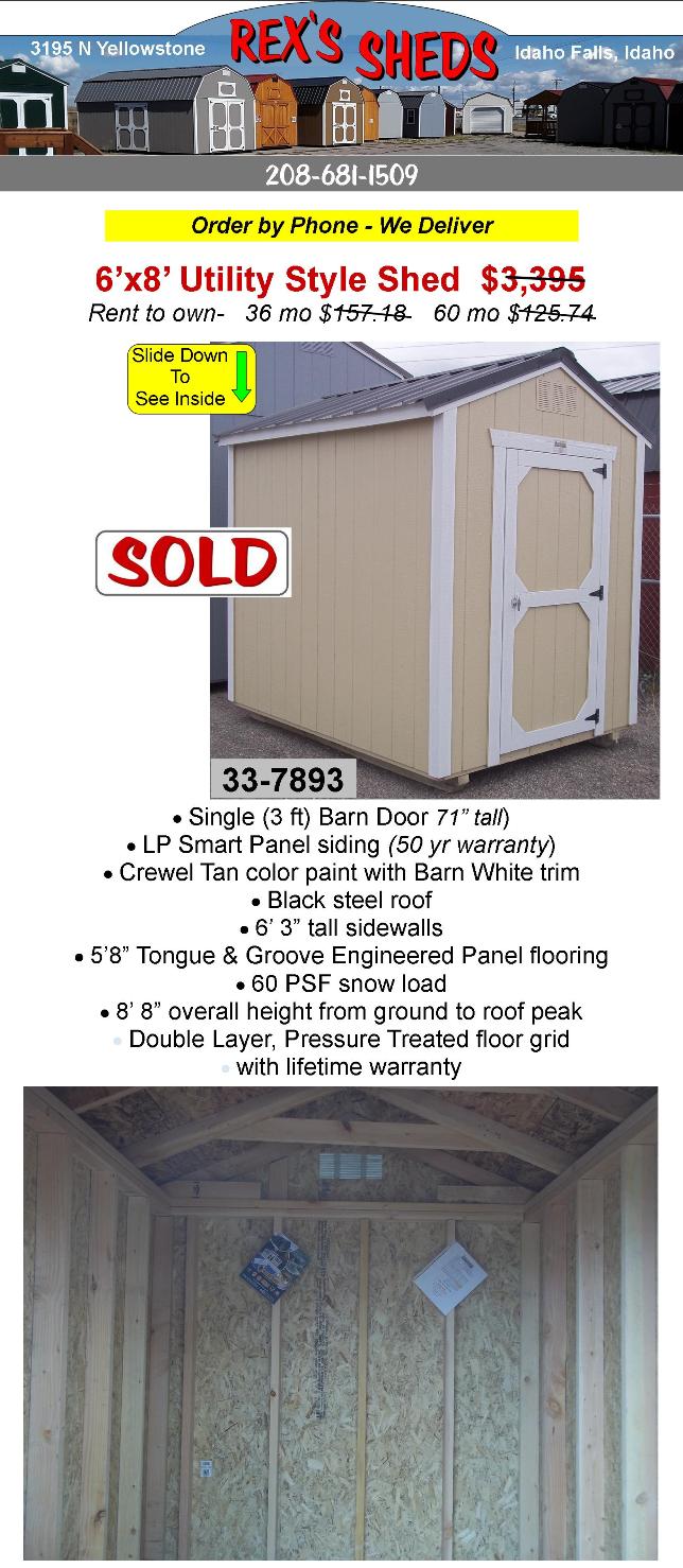 crewel_tan_color_shed_with_barn_white_trim_has_a_single_barn_door_and_black_steel_roof