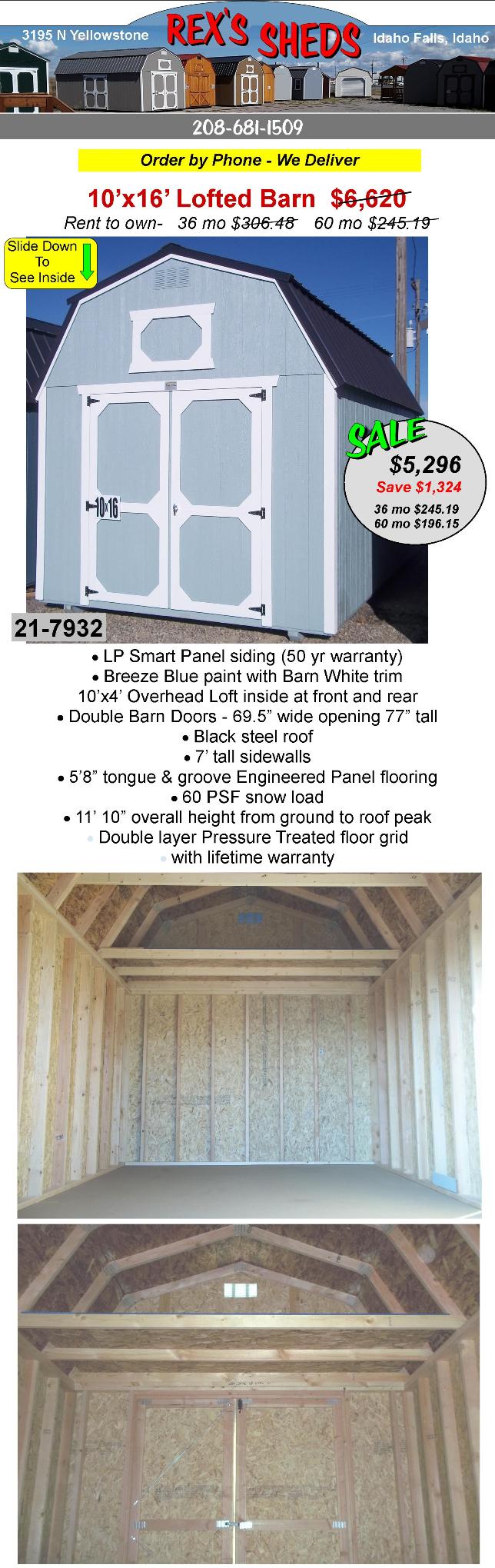 barn_style_shed_with_breeze_blue_color_paint_barn_white_trim_double_barn_doors_an_overhead_loft_at_front_and_rear_black_steel_roof