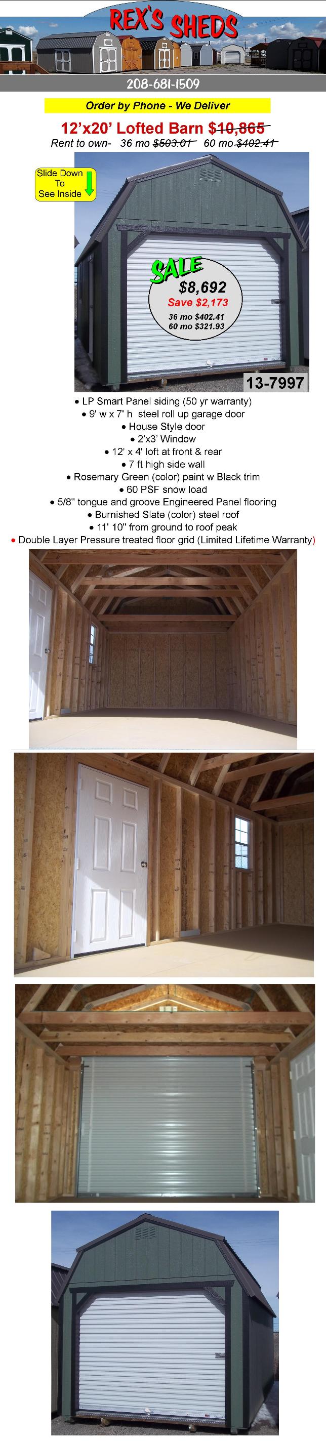 12x20_storage_shed_garage_with_rollup_door_man_door_2_overhead_lofts_a_window_rosemary_green_paint_black_trim_burnished_slate_color_steel_roof