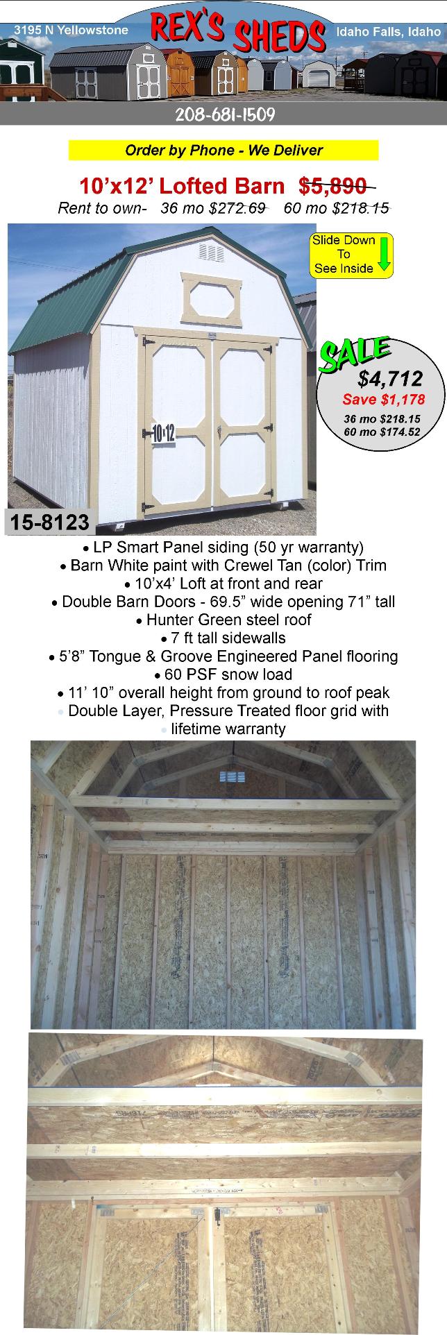 barn_type_shed_painted_barn_white_with_crewel_tan_color_trim_has_overhead_loft_at_front_and_rear_hunter_green_steel_roof_and_double_barn_doors