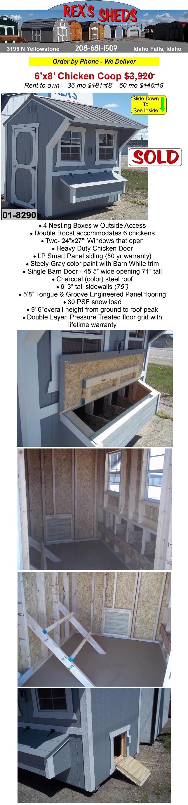 chicken_coop_with_4_nesting_boxes_2_windows_double_roost_barn_door_and_chicken_door_steely_gray_color_paint_barn_white_trim_charcoal_color_steel_roof