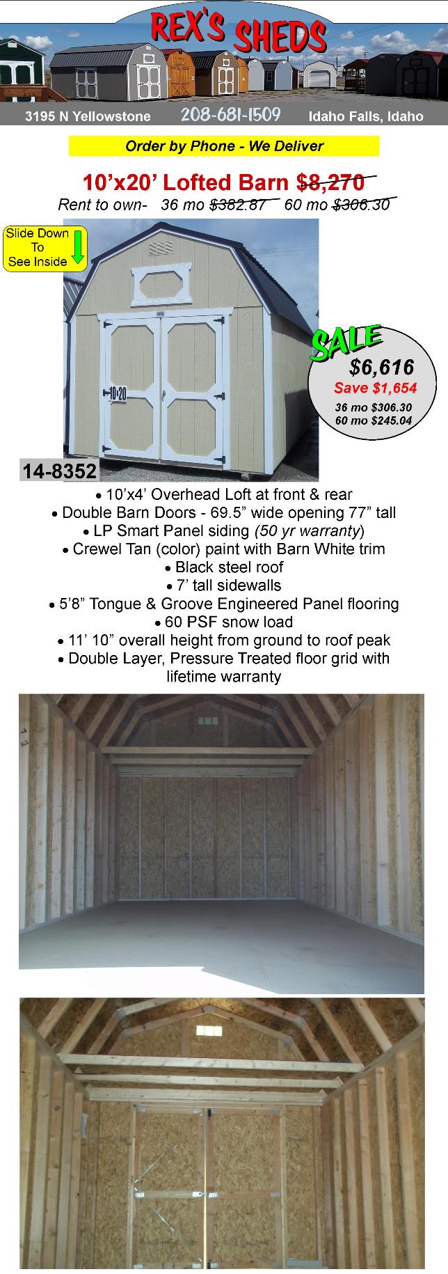shed_with_gambrel_roof_crewel_tan_color_paint_barn_white_trim_black_steel_roof_an_overhead_loft_at_front_and_rear_double_barn_doors