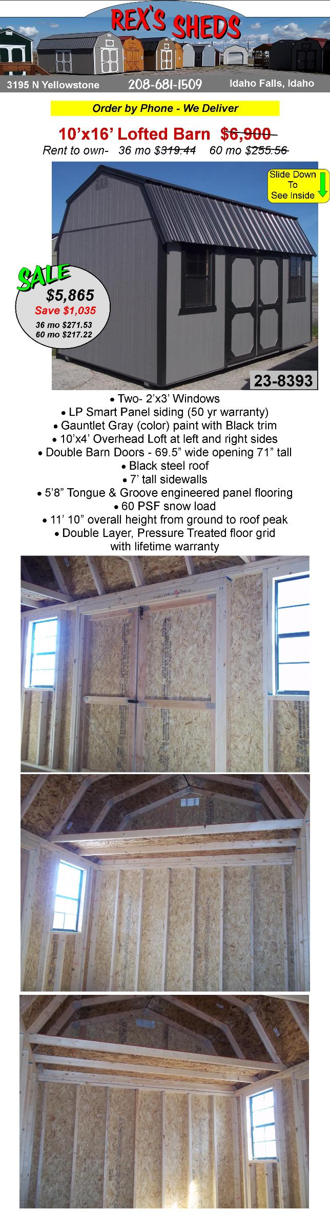 shed_with_barn_roof_2_windows_and_an_overhead_loft_at_left_and_right_sides_gauntlet_gray_color_paint_black_trim_double_barn_doors_and_black_steel_roof