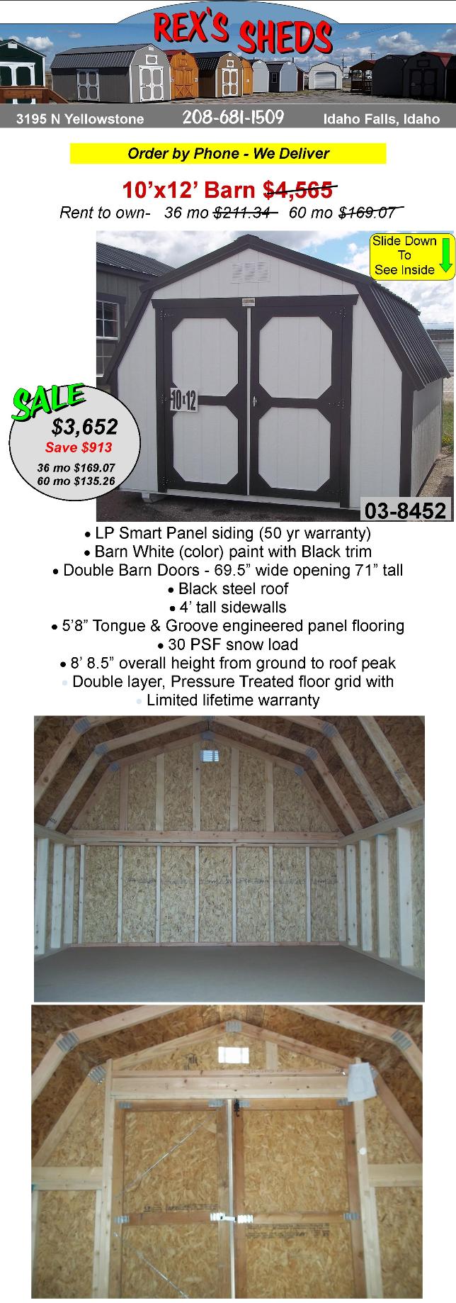 10x12_barn_shed_with_double_barn_doors_4_ft_tall_sidewalls_barn_white_paint_black_trim_black_steel_roof