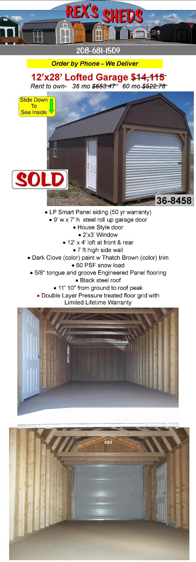 12x28_storage_shed_garage_with_rollup_door_man_door_2_overhead_lofts_a_window_dark_clove_color_paint_thatch_brown_trim_black_steel_roof