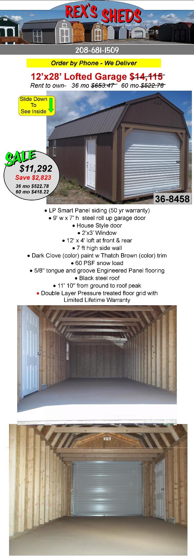 12x28_storage_shed_garage_with_rollup_door_man_door_2_overhead_lofts_a_window_dark_clove_color_paint_thatch_brown_trim_black_steel_roof