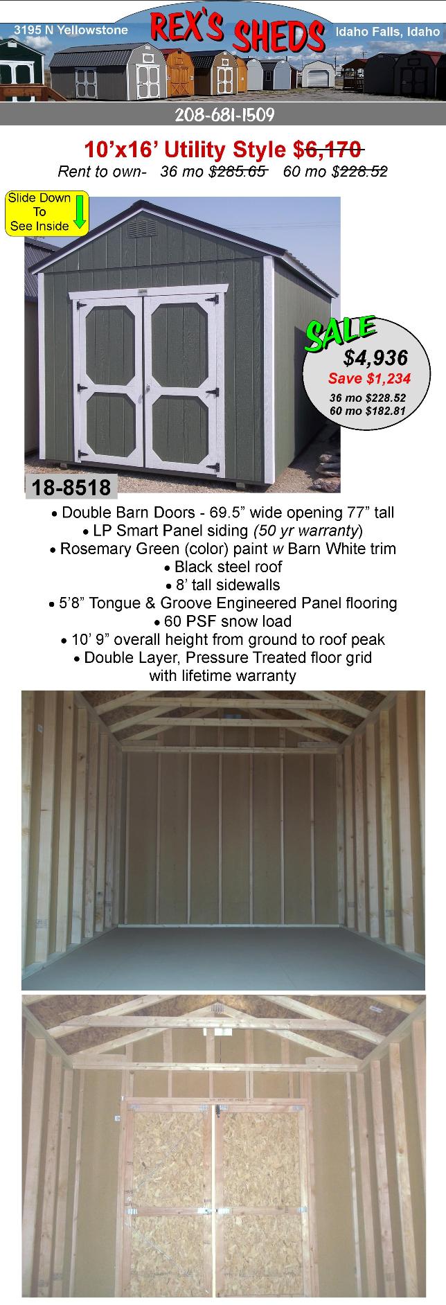rosemary_green_color_utility_shed_with_barn_white_trim_double_barn_doors_and_black_steel_roof
