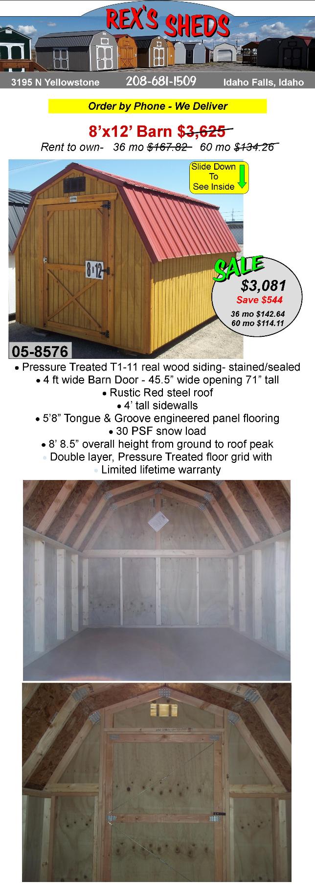 8x12_barn_shed_with_single_barn_door_4_ft_tall_sidewalls_pressure_treated_siding_rustic_red_steel_roof