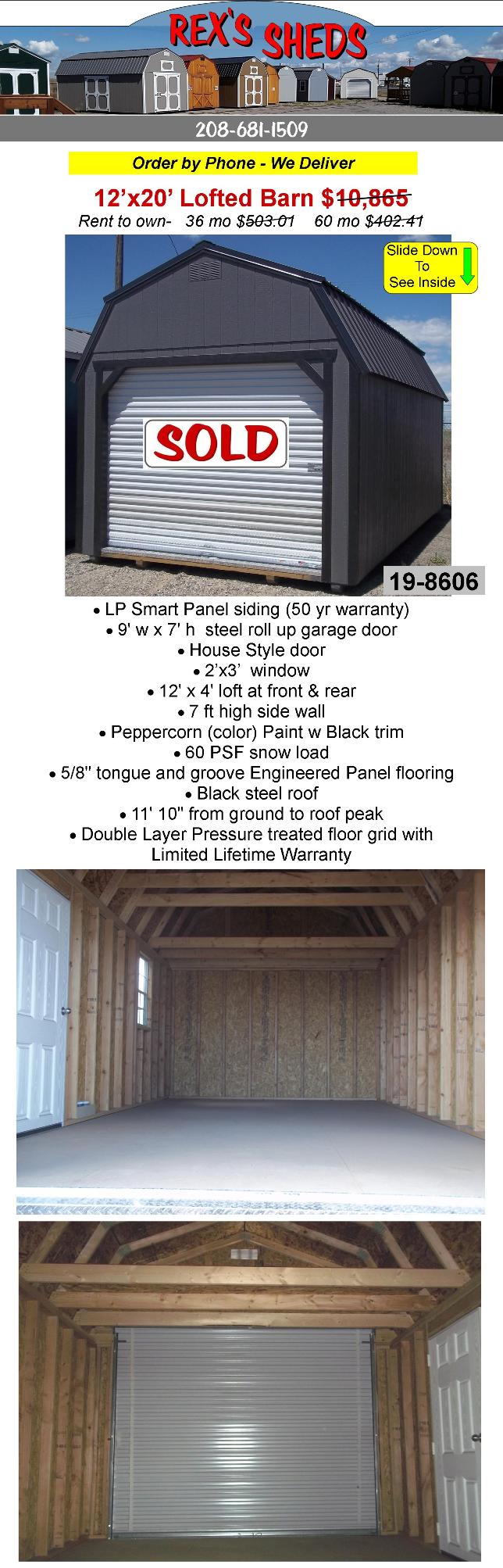 12x20_storage_shed_garage_with_rollup_door_man_door_2_overhead_lofts_a_window_peppercorn_color_paint_black_trim_black_steel_roof