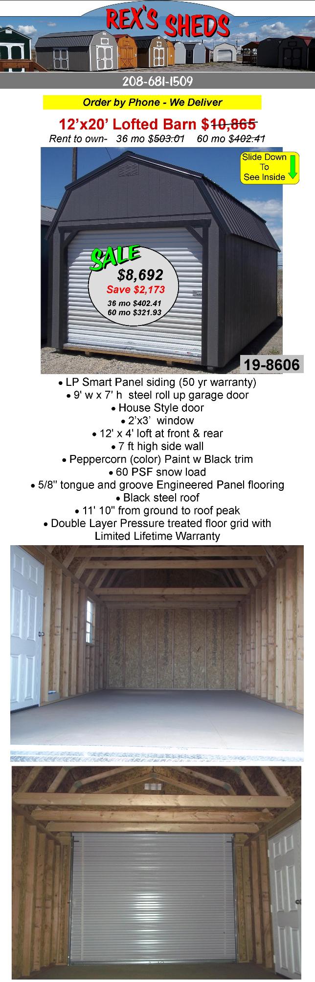 12x20_storage_shed_garage_with_rollup_door_man_door_2_overhead_lofts_a_window_peppercorn_color_paint_black_trim_black_steel_roof
