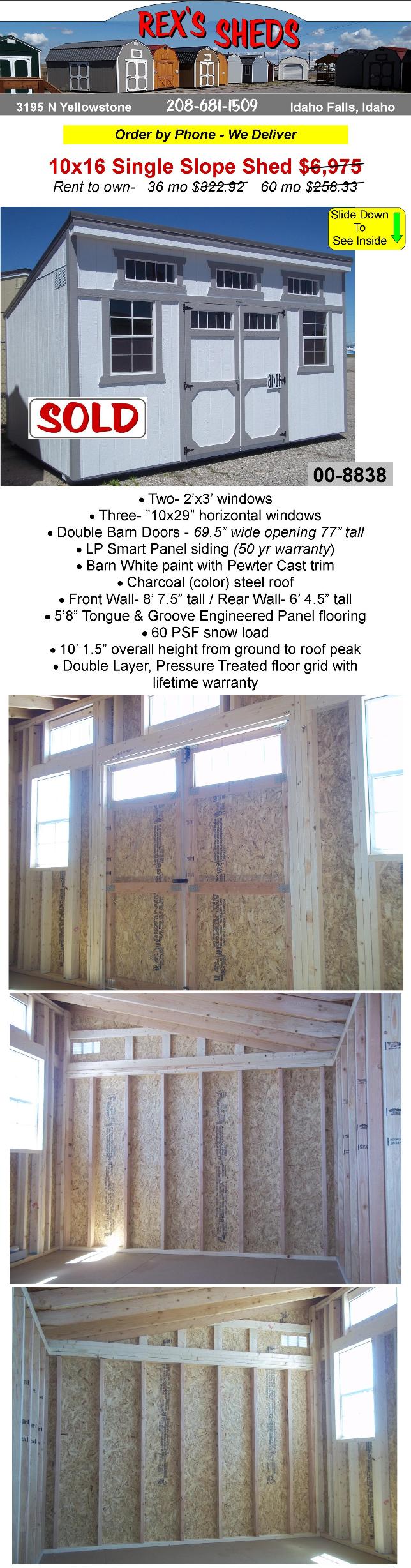 10x16_single_slope_shed_with_single_pitch_lean_to_type_roof_has_double_barn_doors_5_windows_barn_white_paint_pewter_cast_trim_charcoal_color_steel_roof