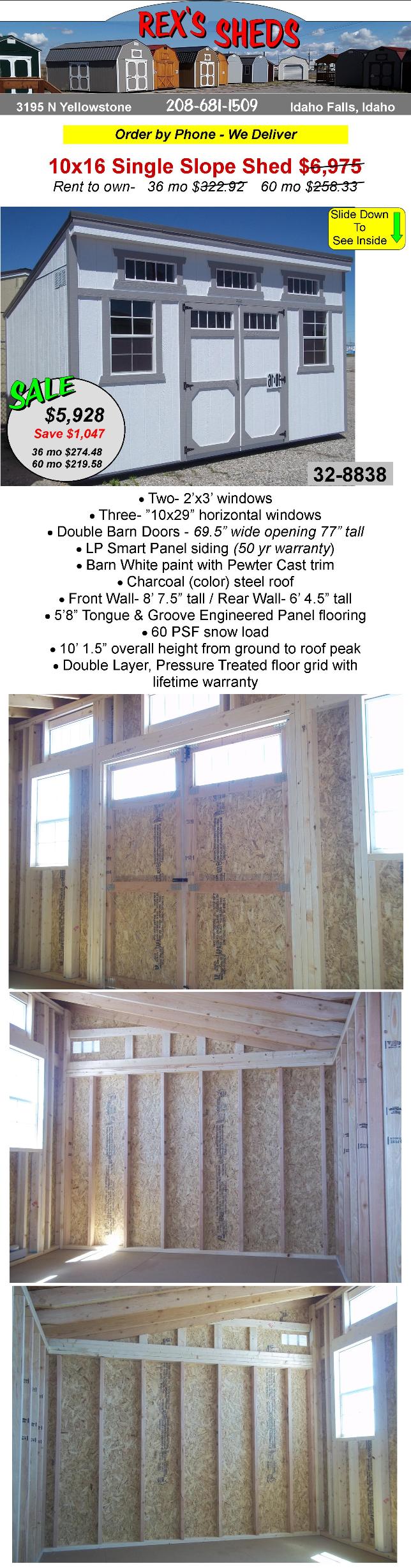 10x16_single_slope_shed_with_single_pitch_lean_to_type_roof_has_double_barn_doors_5_windows_barn_white_paint_pewter_cast_trim_charcoal_color_steel_roof