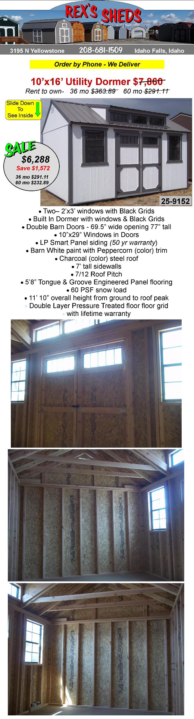 shed_with_dormer_on_sale_has_double_barn_doors_with_windows_a_window_on_each_side_of_barn_doors_barn_white_paint_and_peppercorn_color_trim_charcoal_color_steel_roof