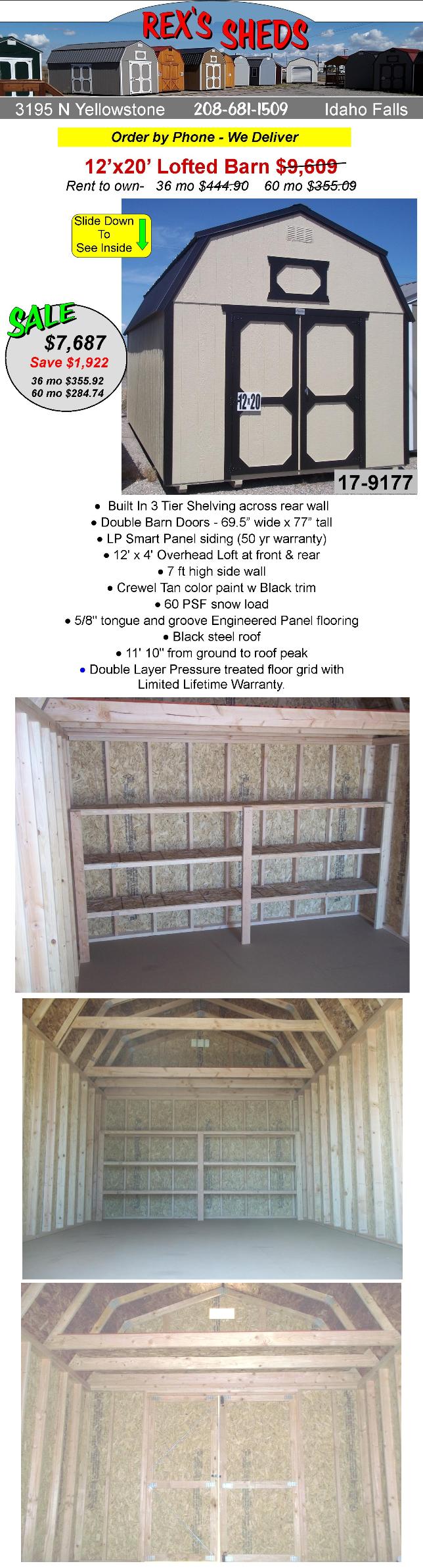 barn_shed_has_double_barn_doors_an_overhead_loft_at_front_and_rear_crewel_tan_color_paint_black_trim_black_steel_roof