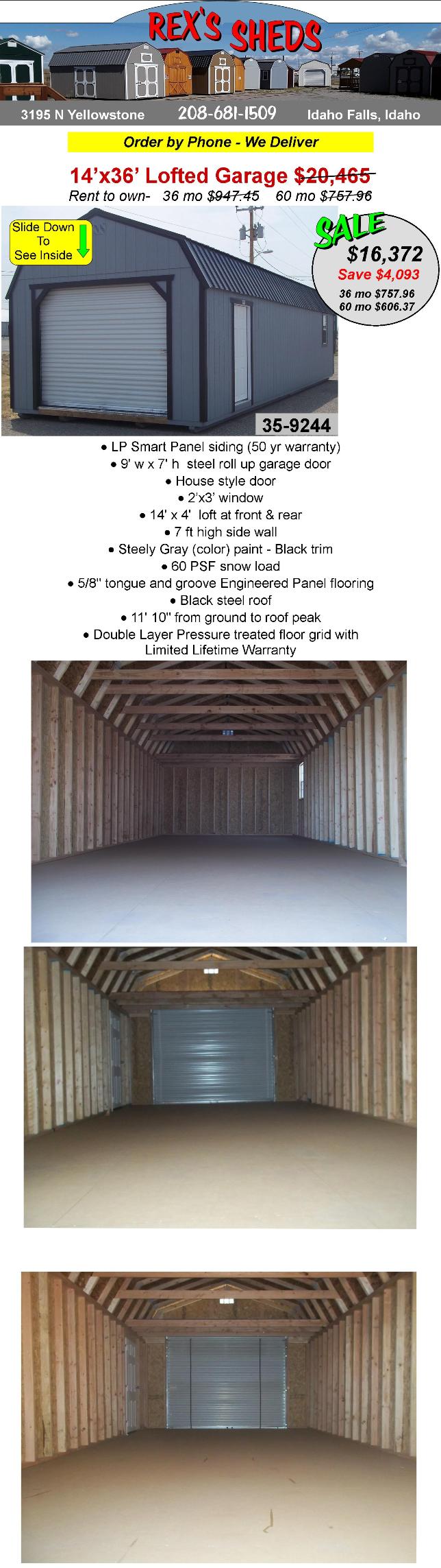 14x36_storage_shed_garage_with_rollup_door_man_door_2_overhead_lofts_a_window_steely_gray_color_paint_black_trim_black_steel_roof