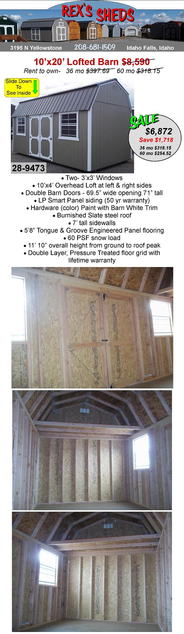 barn_style_shed_has_hardware_color_paint_with_barn_white_trim_a_window_on_each_side_of_double_barn_doors_an_overhead_loft_at_left_and_right_sides_burnished_slate_color_steel_roof