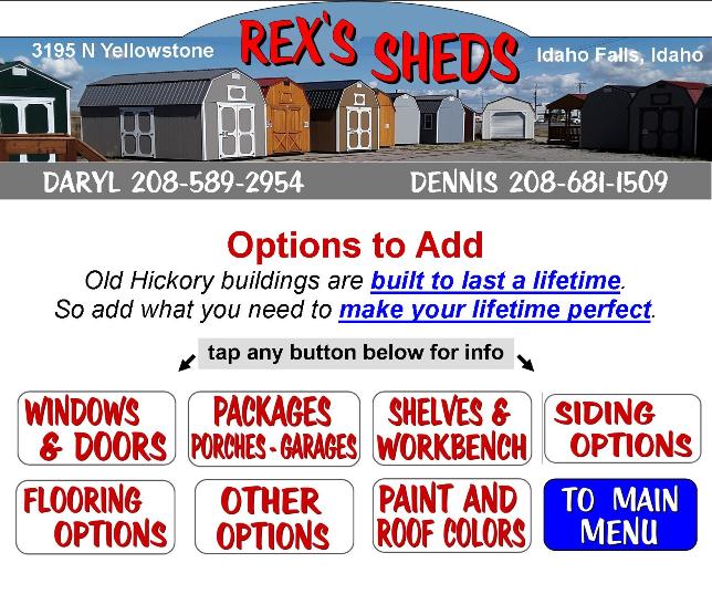 menu_of_links_to_site_pages_showing_shed_windows_doors_shelves_workbench_siding_flooring_paint_and_roof_colors_packages_and_other_options_to_add_to_sheds
